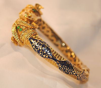 1960s Vintage Enamel Ram Head Hinged Cuff Bracelet with Emeralds in 18K Yellow Gold - $20K VALUE APR 57