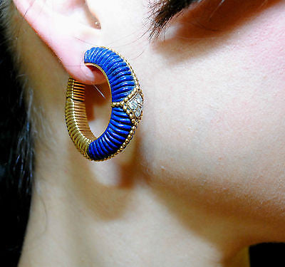 1950s Vintage Van Cleef & Arpels Carved Lapis Lazuli & Diamond Clip-On Hoop Earrings - $60K VALUE APR 57