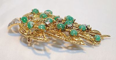 1950s Vintage Emerald & Diamond Floral Leaf Spray Brooch/Pendant in 18K Yellow Gold - $20K VALUE APR 57