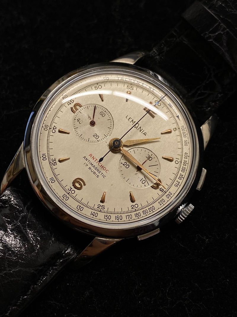 LEMANIA 105 Vintage c. 1940s Stainless Steel Chronograph  Watch - $15K APR Value w/ CoA! ✓ APR 57