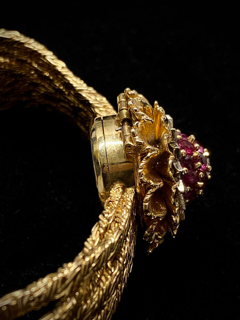 PERLE Vintage Circa 1940s Yellow Gold Ruby & Diamond Floral Bracelet Watch - $40K APR w/ CoA! ✓ APR 57