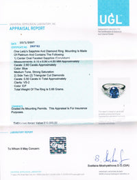Contemporary Sapphire & Diamond Ring in Platinum UGL Certified - $10K VALUE APR 57