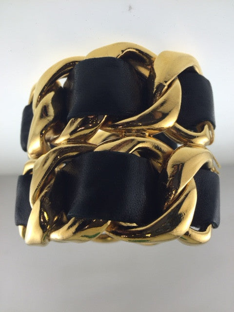 CHANEL Contemporary Gold Plated Cuff Bracelet with Black Leather - $6K VALUE APR 57