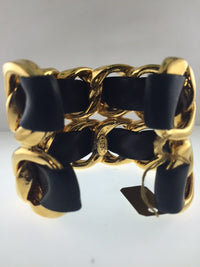 CHANEL Contemporary Gold Plated Cuff Bracelet with Black Leather - $6K VALUE APR 57