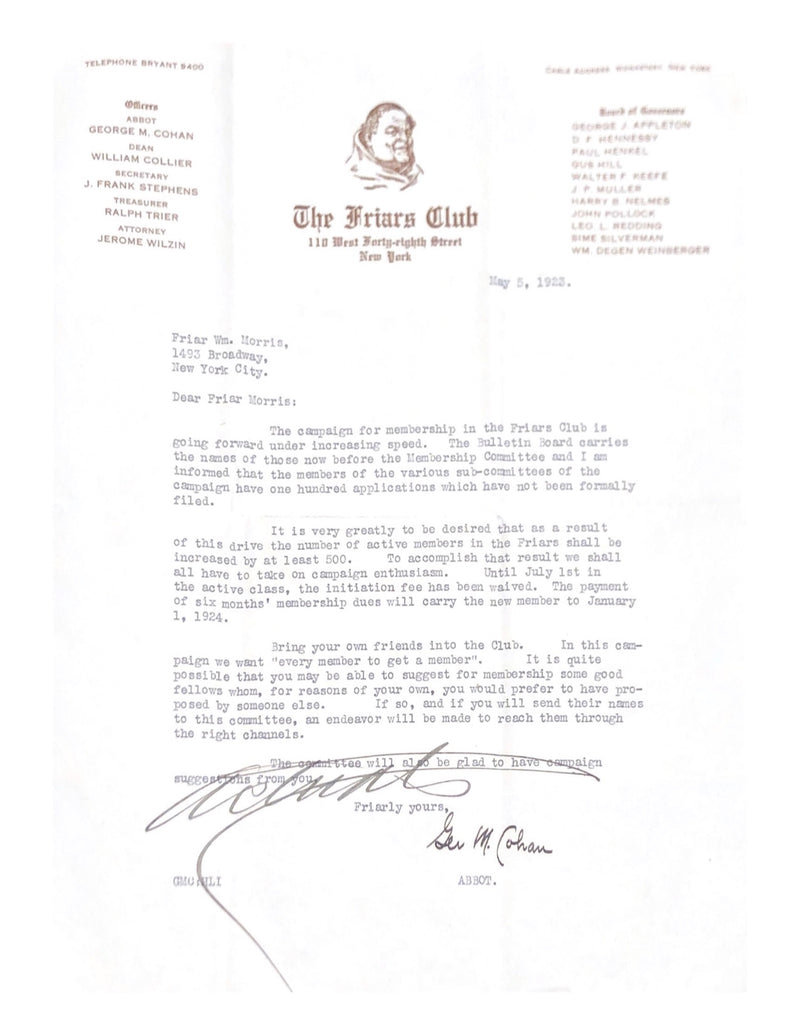 Letter Signed by George M. Cohan C. 1923 - $20K APR Value w/ CoA! APR 57