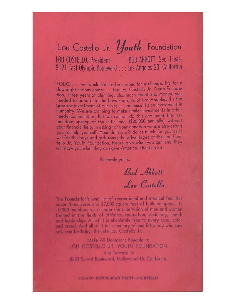 Bud Abbott and Lou Costello Program C. 1948 - $10K APR Value w/ CoA! APR 57