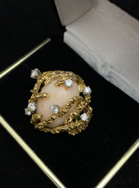 Designer Solid Yellow Gold Ring with 30 Ct. Pink Coral & 7 Diamonds! - $13K Appraisal Value w/ CoA! APR 57