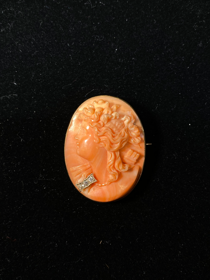 AMAZING Vintage 1920's Coral & Diamond Cameo Brooch Pin in 14K Yellow Gold - $6K Appraisal Value! }✓ APR 57