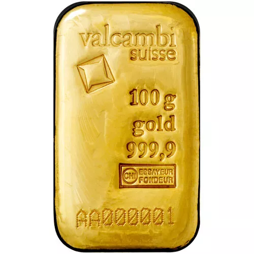 100 Gram Valcambi Cast Gold Bar (New w/ Assay) APR 57