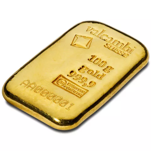 100 Gram Valcambi Cast Gold Bar (New w/ Assay) APR 57