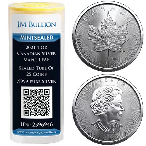2021 Canadian Silver Maple Leaf Tube (MintSealed, 25 Coins, BU) 12/22/2020 APR 57