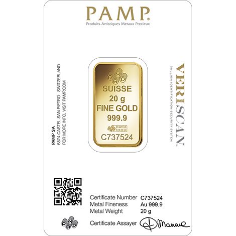 20 Gram PAMP Suisse Fortuna Veriscan Gold Bar (New w/ Assay) APR 57
