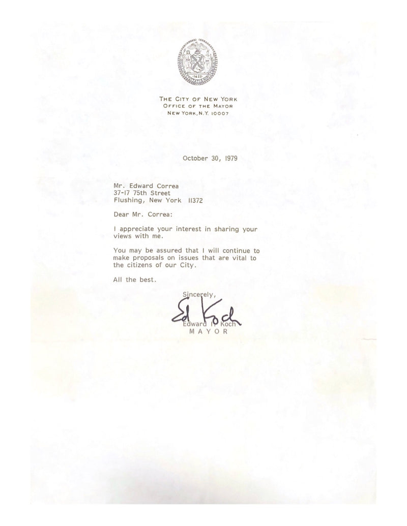 Ed Koch Signed Letter to Edward Correa C. 1979 - $1K APR Value w/ CoA! APR 57