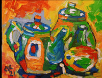 OLEG KUFAYEV "Blue and Green Teapots with Fruit" Oil on Linen - $5K Appraisal Value! APR 57
