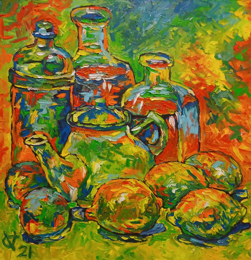 OLEG KUFAYEV "Teapot with Bottles and Fruits" Oil on Linen - $5K Appraisal Value! APR 57