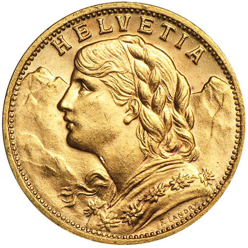 20 Francs Swiss Gold Coin – Helvetia (BU) APR 57