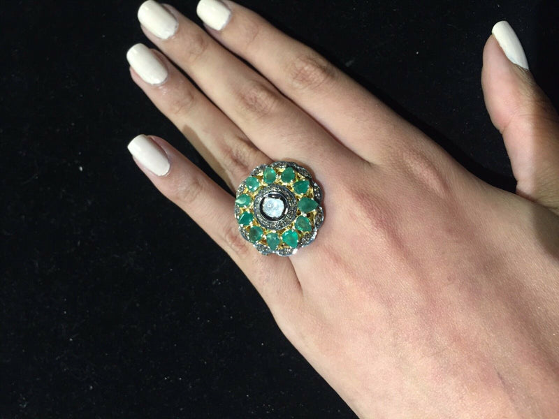 Antique Style Diamond Emerald Ring Gold/Silv Approx 1CtsDiamd, 5CtsEmrld Est$15K APR 57