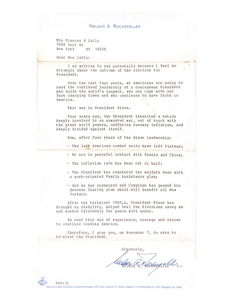 Letter from Nelson A. Rockefeller to Reelect Nixon C. 1972 - $1K APR Value w/ CoA! APR 57