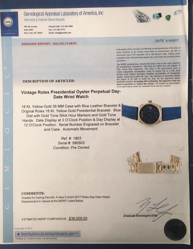 ROLEX Day-Date Wristwatch in 18K Yellow Gold with Royal Blue Dial - $36K VALUE!! APR 57
