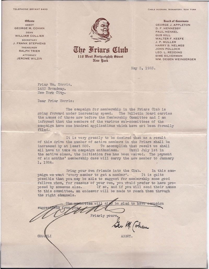 GEORGE M COHAN 1923 Autographed Original Friars Club Letter - $15K VALUE APR 57
