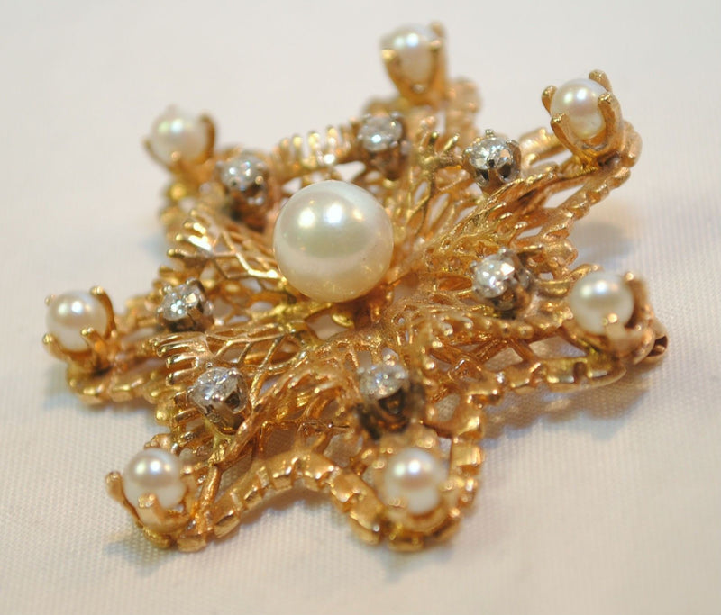 1950s Pearl and Diamond Star Brooch in 14K Yellow Gold - $8K VALUE APR 57