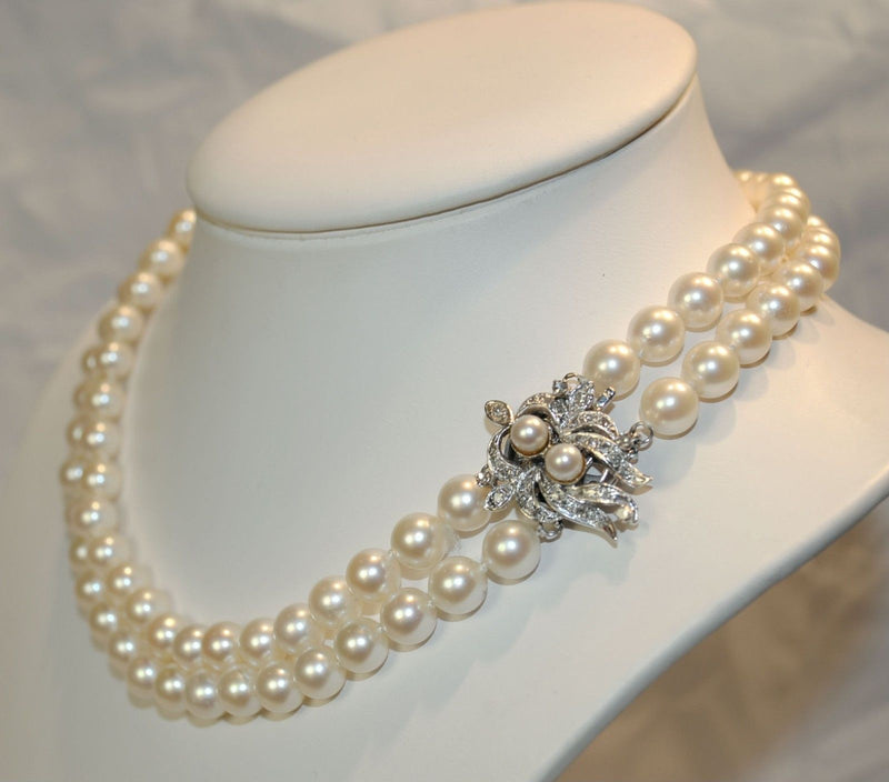 1950s Vintage Double-Strand Saltwater 7.5 mm Pearl Necklace with Diamond Clasp - $25K VALUE APR 57