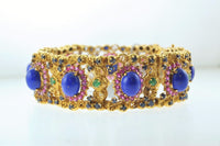 1970s Vintage Blue Lapis Lazuli, Emerald, Pink & Blue Sapphire Bracelet in 22K Yellow Gold UGL Certified - $22.5K VALUE APR 57