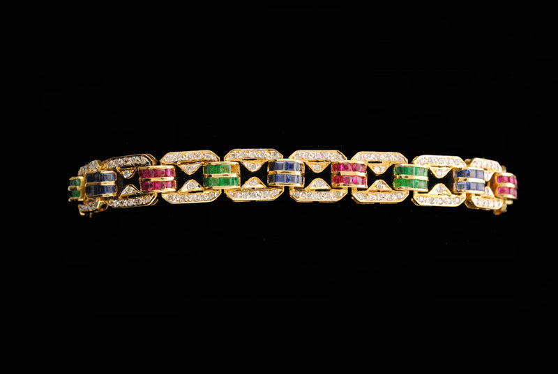 Contemporary Ruby, Sapphire, & Emerald Bracelet with Diamonds in 18K Yellow Gold - $30K VALUE APR 57