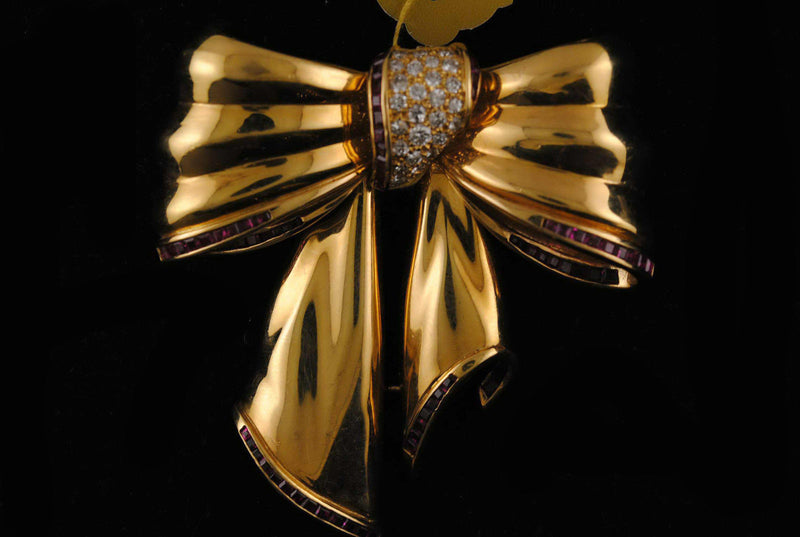 Diamond & Square Cut Ruby Bow Pendant/Brooch in 18K Yellow Gold Appraisal $30K VALUE} APR 57