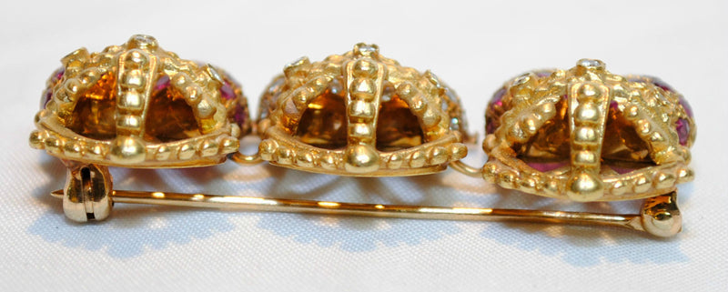 KIESELSTEIN Vintage 1950's 18K Yellow Gold Diamonds & Rubies Crown Heart Brooch Pin - $25K Appraisal Value! ✓} APR 57