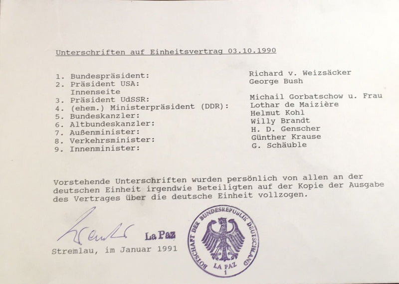 German Reunification Treaty Unique Document Signed Stamped 1990 - $250K VALUE APR 57
