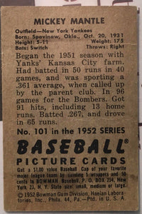 MICKEY MANTLE 1952 Bowman New York Yankees #101 Baseball Card - $5K VALUE APR 57