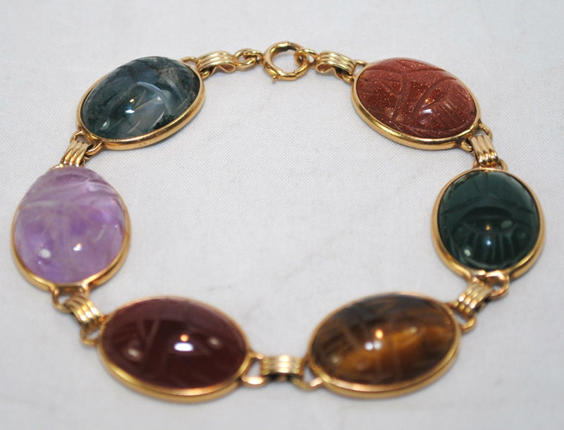 1950s Vintage Classic Scarab Bracelet with Multiple Gemstones in Solid 14K Yellow Gold - $6K VALUE APR 57