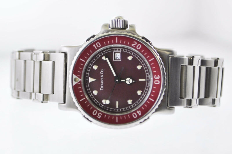 TIFFANY & CO. Rare Vintage SS Burgundy Men's Diving Watch - $10K Appraisal Value! ✓ APR 57