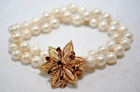 1950s Vintage Designer Double Strand Pearl Bracelet with Garnet and 14K Yellow Gold Clasp - $3K VALUE APR 57