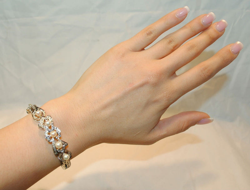 1950s Vintage Diamond & Pearl Hinged Bracelet in 14K White Gold - $15K VALUE APR 57
