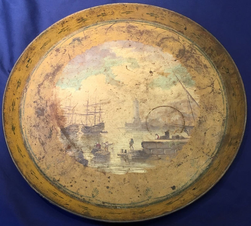 French Serving Tray with Hand Painting of Pier Scene circa 18th Century - $3K VALUE APR 57
