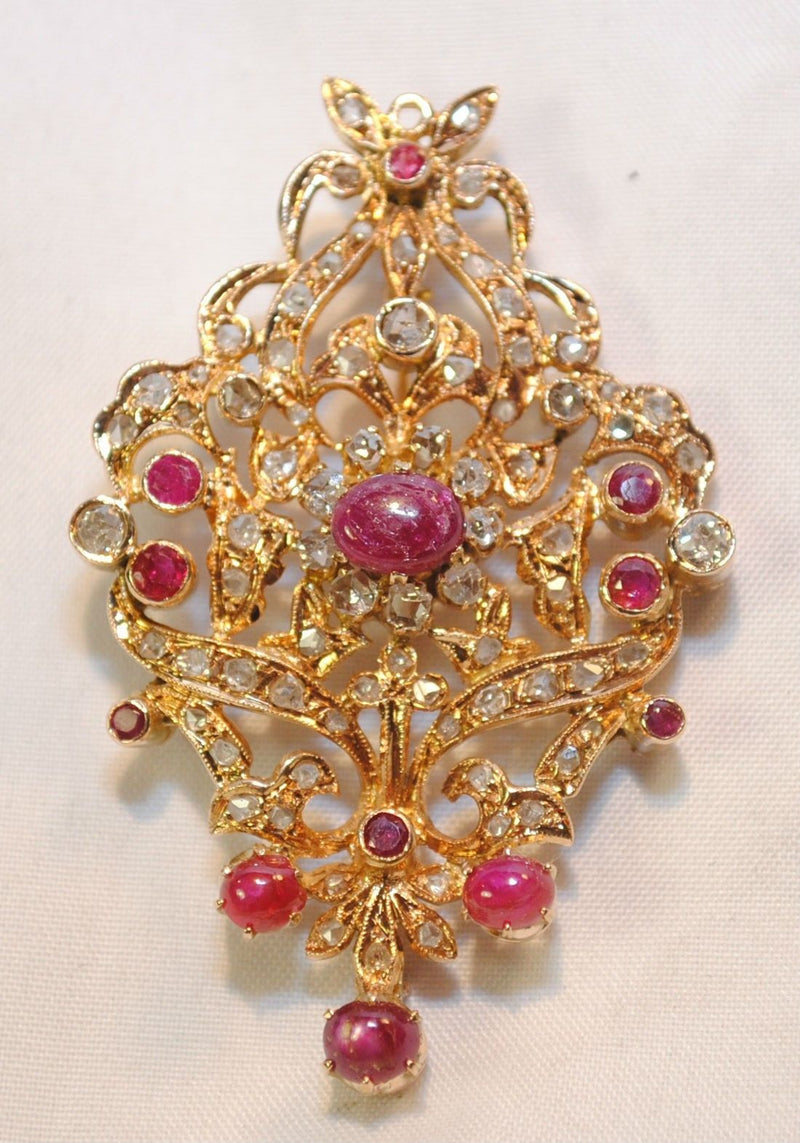 Antique Victorian Diamond & Ruby Brooch in 18K Rose Gold - $12K VALUE APR 57