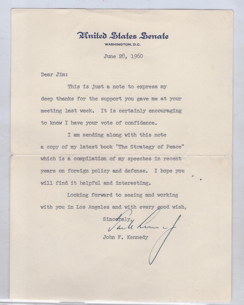 1960 Signed John F. Kennedy Letter to Benefactor - $20K VALUE APR 57