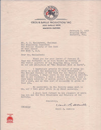 Signed Dutch Director Cecil B. DeMille Letter Ringling Bros - Apr: $20K Value* APR 57