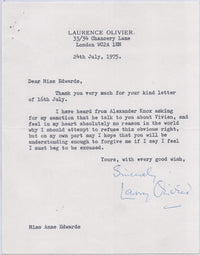 Actor Laurence Olivier Signed Letter to Vivien Leigh Biographer Anne Edwards - $10K VALUE APR 57