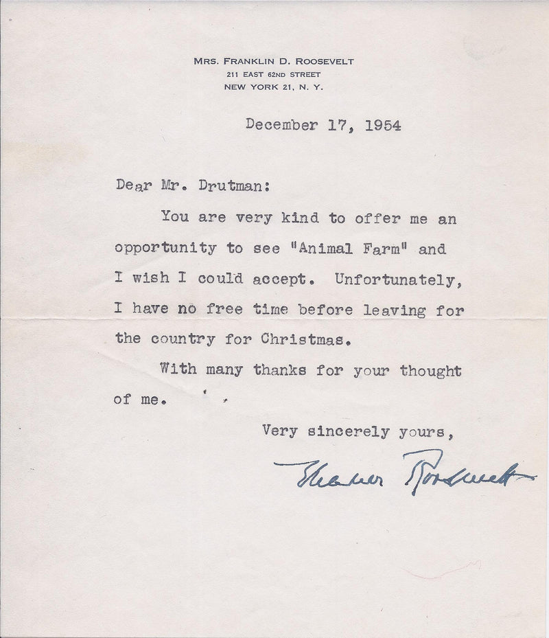 First Lady ELEANOR ROOSEVELT Original Signed Personal Note to Writer Irving Drutman - $3K VALUE* APR 57